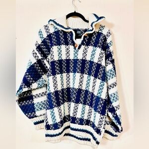 Vintage Handmade 100% Wool Sweater Blue Cream Ecuador | Chunky Knit